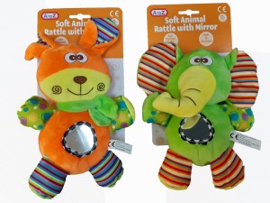 SOFT ANIMAL RATTLE WITH MIRROR ASSORTED